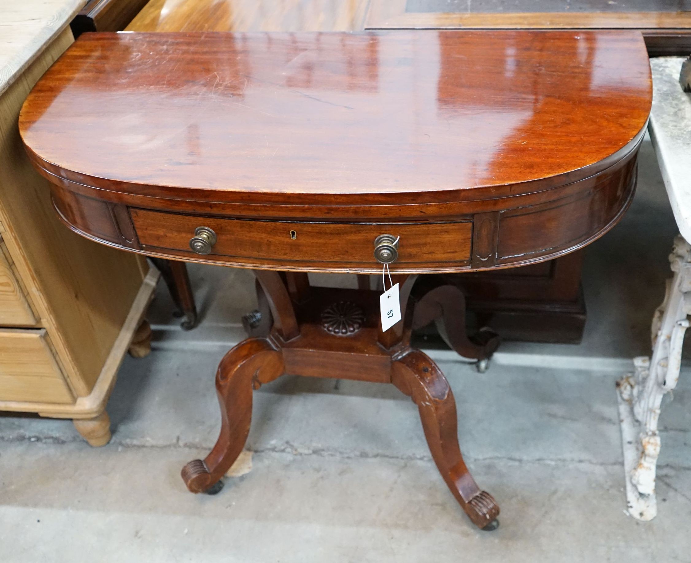 A 19th century continental 'D' shaped folding tea table, width 96cm, depth 49cm, height 78cm